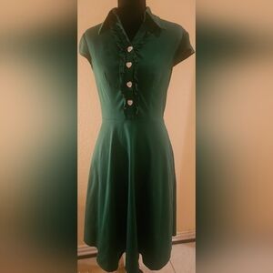 Cotton Green Ruffle Button Dress Heart Buttons